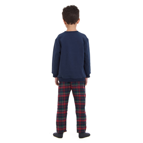 Boys Winter pajama set Dark Blue deer Hoodie + Dark Blue x Red Checkered Pants